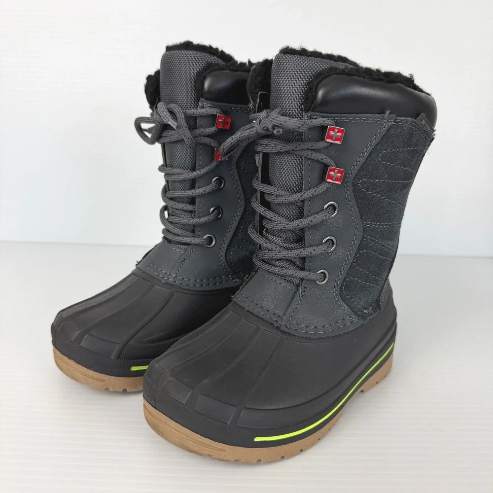 Swiss Tech Kids Winter Snow Boots Grey Black Neon Yellow Waterproof Size‎ 10